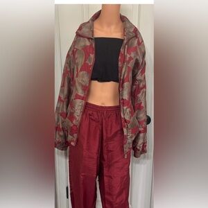 Vintage 100% Silk Floral 2-Piece Set Zip Jacket Pants L | Fuda International